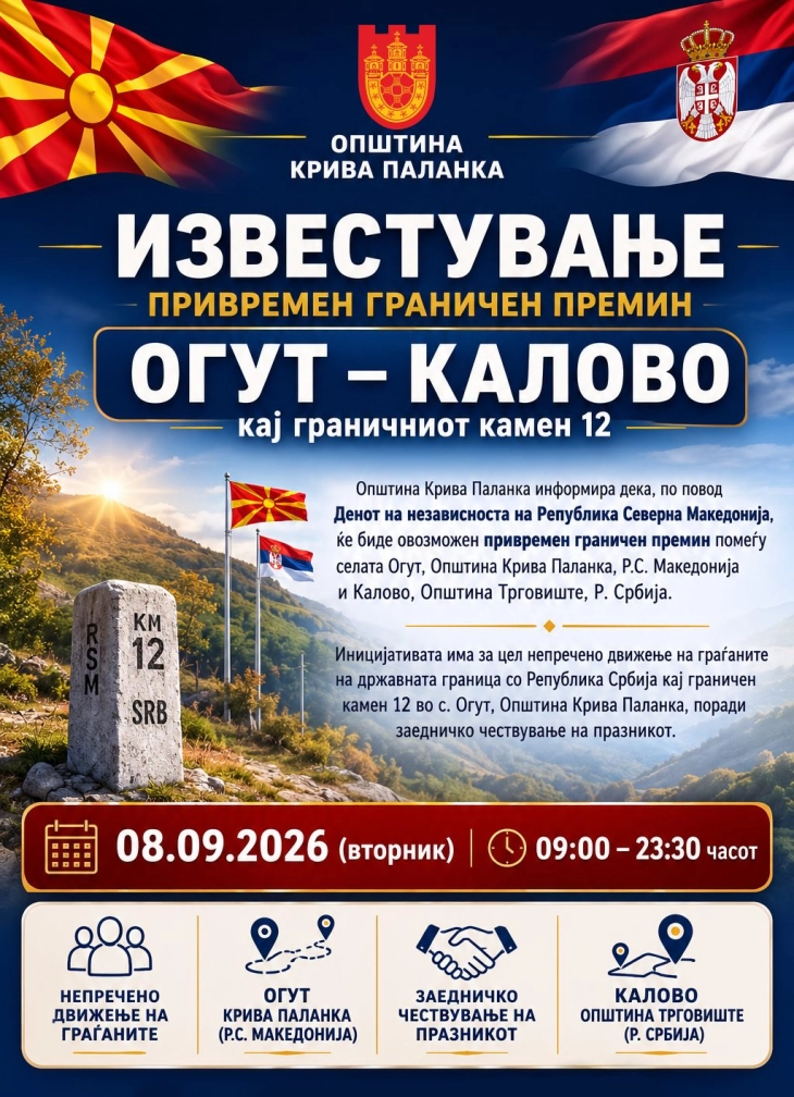 По повод 8 септември ќе биде отворен граничниот премин кај селата Огут и Калово помеѓу Македонија и Србија